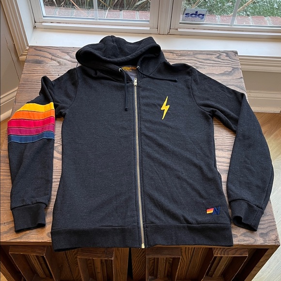 Aviator Nation charcoal grey zip front  Hoodie with lightening rainbow size L - Picture 6 of 11